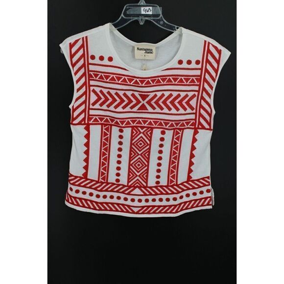 Savanna Jane Call to You Red Geometric Pattern White Cap Sleeve Knit Top Small - Picture 1 of 7